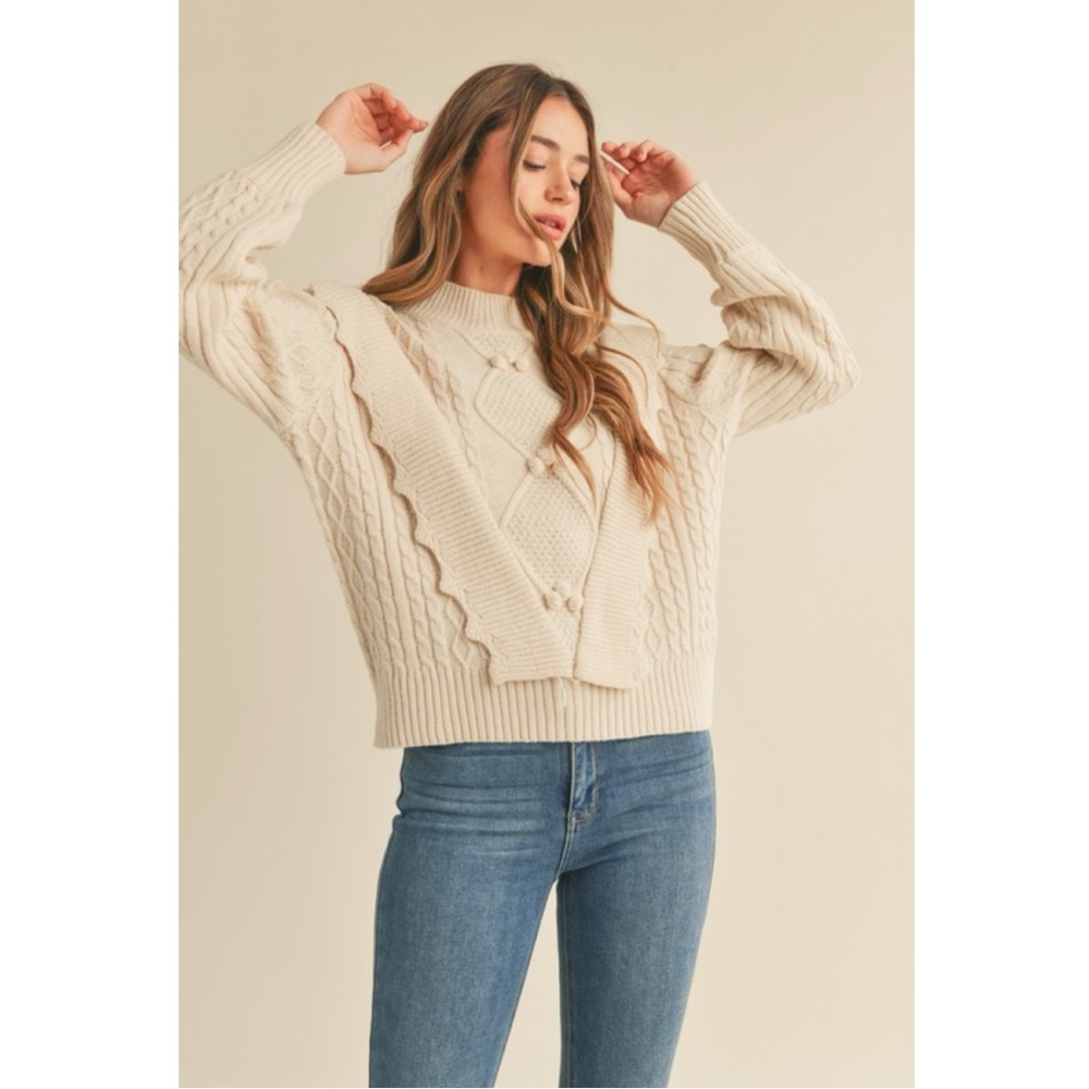 Multi Knit Bauble Scalloped V Mock Neck Balloon Sleeve Sweater